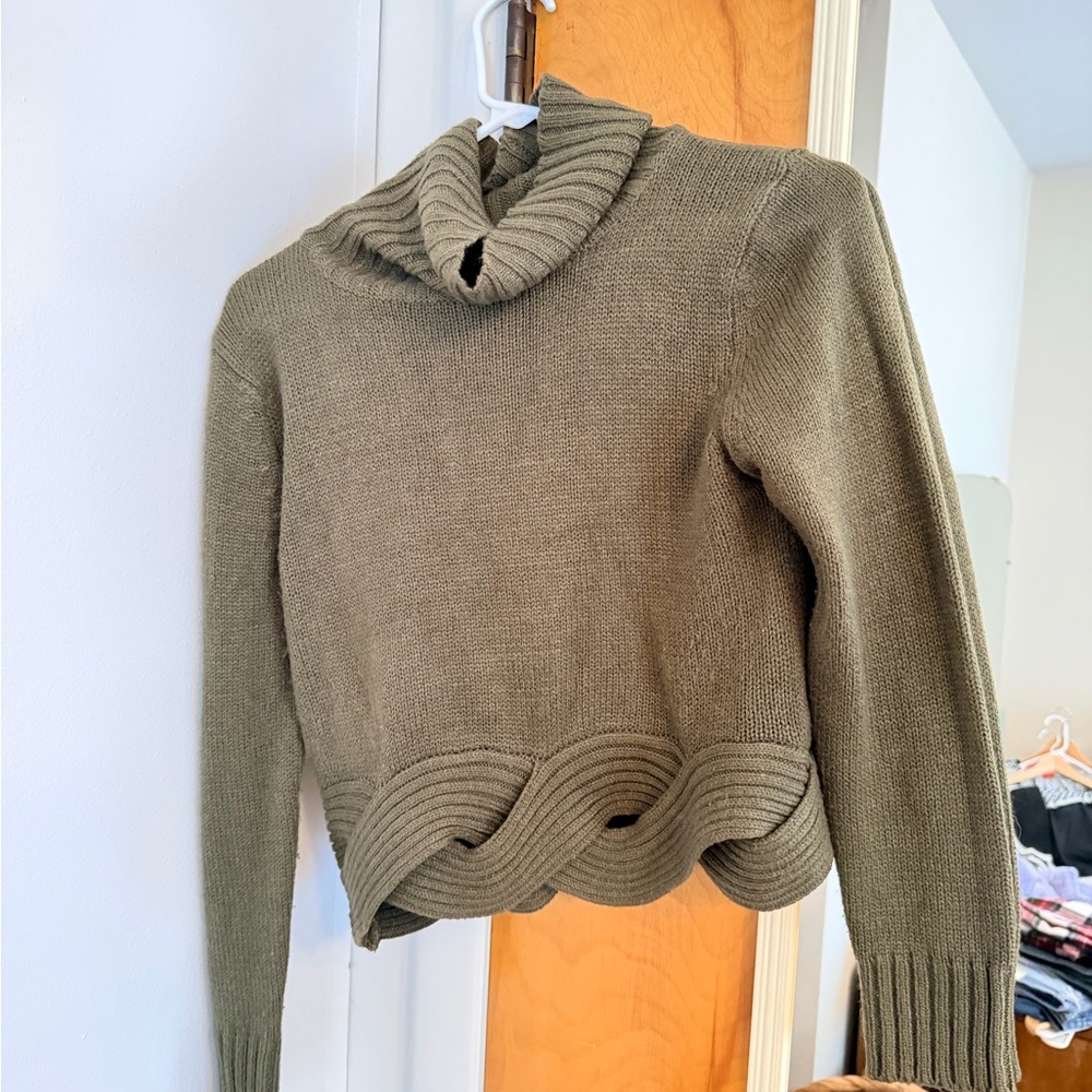 Olive Green Cowl Neck Cropped Sweater with Scalloped Hem